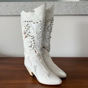 El Vaquero White Leather Studded Feather Western Boots EU 35.5 US 5.5 Italy Rare